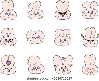 A set of 12 hand-drawn emotional bunny icons with bold outlines.
Each icon expresses a different feeling such as joy, sadness, stress, and love in a cute and charming style.