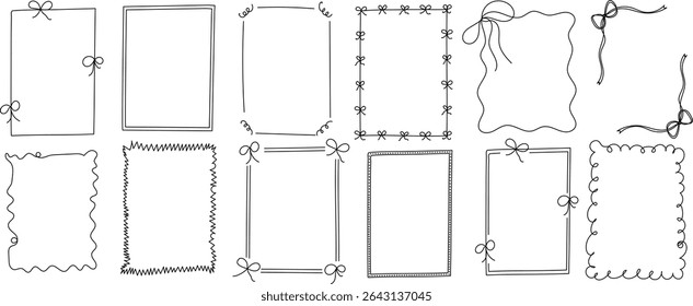 Conjunto de 12 quadros retangulares desenhados à mão com arcos, cachos e bordas decorativas. Perfeito para convites, projetos infantis, cartões de felicitações e projetos de scrapbook. Vetor EPS 10