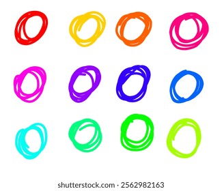 A set of 12 hand-drawn scribble circles in vibrant colors, including red, yellow, orange, pink, purple, blue, cyan, and green. Each circle is irregular, with a sketchy style on a white background