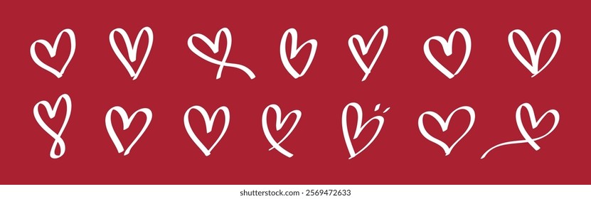 Set of 12 hand-drawn white hearts on a red background. Various heart shapes, each unique. Hand-drawn hearts, perfect for love-themed designs. Valentine's element vector set.