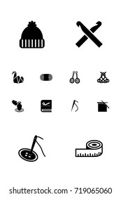 Set Of 12 Handmade Icons Set.Collection Of Knitting, Meter, Tailor Copybook And Other Elements.