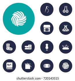 Set Of 12 Handmade Icons Set.Collection Of Hosiery, Tailor Copybook, Knitting Machine And Other Elements.