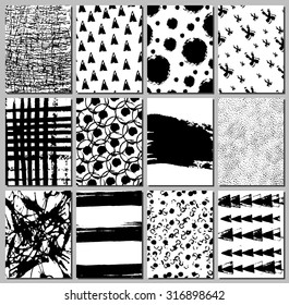 Set of 12 handmade journaling cards or invitations made with ink.  Easy editable isolated elements.Vector illustration. Monochrome textures.