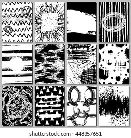 Set of 12 handmade journaling cards or invitations made with ink.  Easy editable isolated elements.Vector illustration. Monochrome textures.