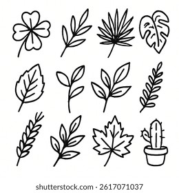 A set of 12 handmade leaf icons in black. Features clover, monstera, and other botanical elements. Ideal for eco-themed designs and tattoos.
