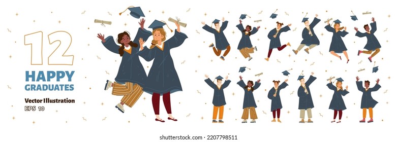 Set of 12 happy graduates isolated on white background. Excited teen boys, girls in academic dress jumping, throwing tassel caps, dancing, celebrating successful graduation. Flat vector illustration