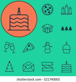 Set Of 12 Happy New Year Icons. Can Be Used For Web, Mobile, UI And Infographic Design. Includes Elements Such As Glasses, Meal, Xmas And More.