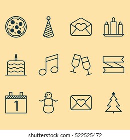 Set Of 12 Happy New Year Icons. Can Be Used For Web, Mobile, UI And Infographic Design. Includes Elements Such As Blank, Celebrate, Clink And More.