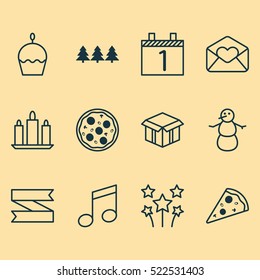 Set Of 12 Happy New Year Icons. Can Be Used For Web, Mobile, UI And Infographic Design. Includes Elements Such As Winter, Note, Cake And More.