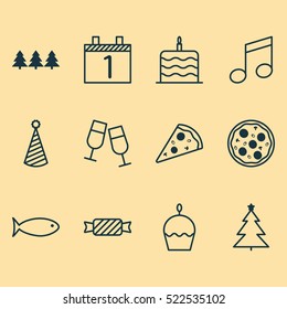Set Of 12 Happy New Year Icons. Can Be Used For Web, Mobile, UI And Infographic Design. Includes Elements Such As Musical, Note, Piece And More.