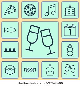 Set Of 12 Happy New Year Icons. Can Be Used For Web, Mobile, UI And Infographic Design. Includes Elements Such As Open, Cake, Glasses And More.