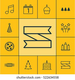 Set Of 12 Happy New Year Icons. Can Be Used For Web, Mobile, UI And Infographic Design. Includes Elements Such As Music, Pizzeria, Ribbon And More.