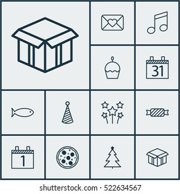 Set Of 12 Happy New Year Icons. Can Be Used For Web, Mobile, UI And Infographic Design. Includes Elements Such As Date, Pizza, Muffin And More.