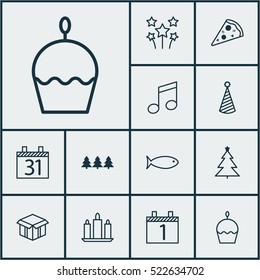 Set Of 12 Happy New Year Icons. Can Be Used For Web, Mobile, UI And Infographic Design. Includes Elements Such As Muffin, Wax, Cupcake And More.