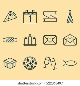Set Of 12 Happy New Year Icons. Can Be Used For Web, Mobile, UI And Infographic Design. Includes Elements Such As Love, Caramel, Open And More.