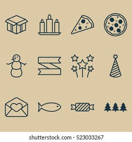 Set Of 12 Happy New Year Icons. Can Be Used For Web, Mobile, UI And Infographic Design. Includes Elements Such As Caramel, Xmas, Hat And More.