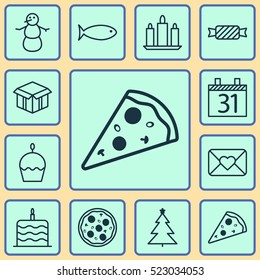 Set Of 12 Happy New Year Icons. Can Be Used For Web, Mobile, UI And Infographic Design. Includes Elements Such As Aquatic, Pizza, Candle And More.