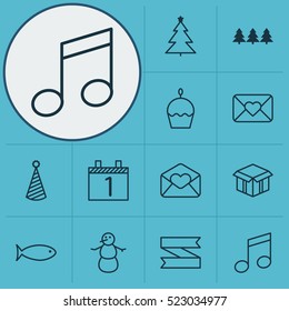 Set Of 12 Happy New Year Icons. Can Be Used For Web, Mobile, UI And Infographic Design. Includes Elements Such As Email, Month, Music And More.