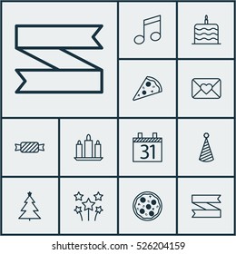 Set Of 12 Happy New Year Icons. Can Be Used For Web, Mobile, UI And Infographic Design. Includes Elements Such As Wax, Candy, Festive And More.