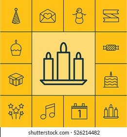 Set Of 12 Happy New Year Icons. Can Be Used For Web, Mobile, UI And Infographic Design. Includes Elements Such As Cake, Winter, Flame And More.