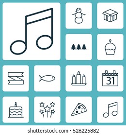 Set Of 12 Happy New Year Icons. Can Be Used For Web, Mobile, UI And Infographic Design. Includes Elements Such As Celebrate, Snowman, Celebration And More.