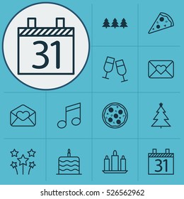Set Of 12 Happy New Year Icons. Can Be Used For Web, Mobile, UI And Infographic Design. Includes Elements Such As Wax, Christmas, Pizza And More.