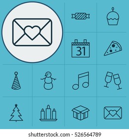 Set Of 12 Happy New Year Icons. Can Be Used For Web, Mobile, UI And Infographic Design. Includes Elements Such As Party, Calendar, Wax And More.