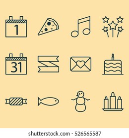 Set Of 12 Happy New Year Icons. Can Be Used For Web, Mobile, UI And Infographic Design. Includes Elements Such As Schedule, Winter, Close And More.