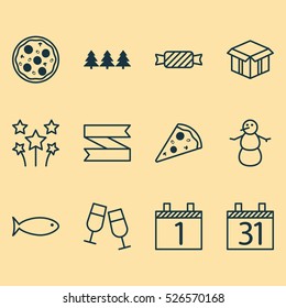 Set Of 12 Happy New Year Icons. Can Be Used For Web, Mobile, UI And Infographic Design. Includes Elements Such As Agenda, Caramel, Fish And More.