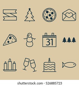 Set Of 12 Happy New Year Icons. Can Be Used For Web, Mobile, UI And Infographic Design. Includes Elements Such As Banner, Winter, Candle And More.