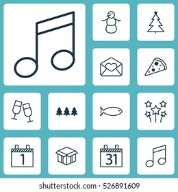 Set Of 12 Happy New Year Icons. Can Be Used For Web, Mobile, UI And Infographic Design. Includes Elements Such As Agenda, Festive, Schedule And More.