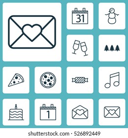 Set Of 12 Happy New Year Icons. Can Be Used For Web, Mobile, UI And Infographic Design. Includes Elements Such As Pizzeria, Candy, Pizza And More.