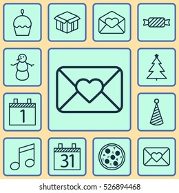 Set Of 12 Happy New Year Icons. Can Be Used For Web, Mobile, UI And Infographic Design. Includes Elements Such As Pizza, Hat, Meal And More.