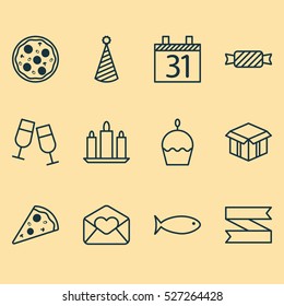 Set Of 12 Happy New Year Icons. Can Be Used For Web, Mobile, UI And Infographic Design. Includes Elements Such As Flame, Cupcake, Pizza And More.