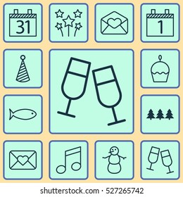 Set Of 12 Happy New Year Icons. Can Be Used For Web, Mobile, UI And Infographic Design. Includes Elements Such As Aquatic, Hat, Note And More.