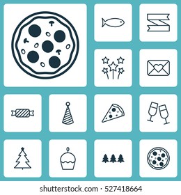 Set Of 12 Happy New Year Icons. Can Be Used For Web, Mobile, UI And Infographic Design. Includes Elements Such As Hat, Ribbon, Clink And More.