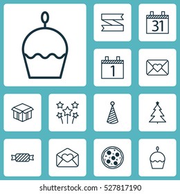 Set Of 12 Happy New Year Icons. Can Be Used For Web, Mobile, UI And Infographic Design. Includes Elements Such As Open Cardboard, Birthday Hat, Pizza Meal And More.
