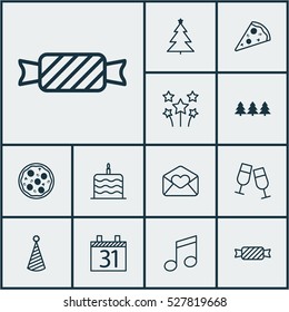 Set Of 12 Happy New Year Icons. Can Be Used For Web, Mobile, UI And Infographic Design. Includes Elements Such As Crotchets, Sweet, Pizza Meal And More.
