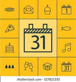 Set Of 12 Happy New Year Icons. Can Be Used For Web, Mobile, UI And Infographic Design. Includes Elements Such As Champagne Glasses, Date, Birthday Cake And More.