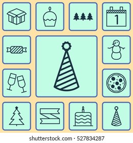 Set Of 12 Happy New Year Icons. Can Be Used For Web, Mobile, UI And Infographic Design. Includes Elements Such As Pizza Meal, Agenda, Champagne Glasses And More.