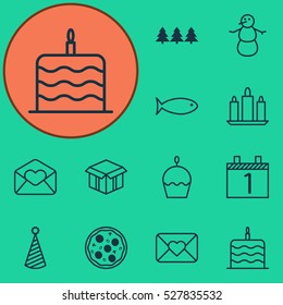 Set Of 12 Happy New Year Icons. Can Be Used For Web, Mobile, UI And Infographic Design. Includes Elements Such As Celebration Letter, Birthday Cake, Winter And More.