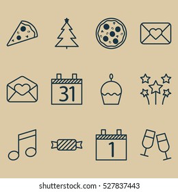 Set Of 12 Happy New Year Icons. Can Be Used For Web, Mobile, UI And Infographic Design. Includes Elements Such As Birthday Cake, Greeting Email, Date And More.