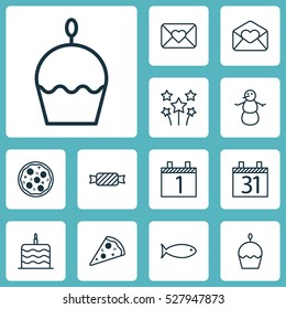 Set Of 12 Happy New Year Icons. Can Be Used For Web, Mobile, UI And Infographic Design. Includes Elements Such As Pizza Meal, Celebration Cake, Sliced Pizza And More.
