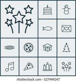 Set Of 12 Happy New Year Icons. Can Be Used For Web, Mobile, UI And Infographic Design. Includes Elements Such As Winter, Sweet, Sliced Pizza And More.