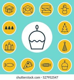 Set Of 12 Happy New Year Icons. Can Be Used For Web, Mobile, UI And Infographic Design. Includes Elements Such As Fishing, Birthday Hat, Wax And More.