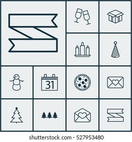 Set Of 12 Happy New Year Icons. Can Be Used For Web, Mobile, UI And Infographic Design. Includes Elements Such As Pizza Meal, Celebration Letter, Greeting Email And More.