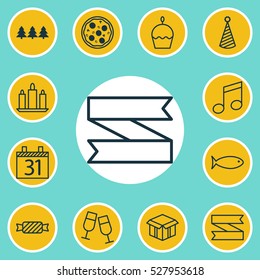 Set Of 12 Happy New Year Icons. Can Be Used For Web, Mobile, UI And Infographic Design. Includes Elements Such As Birthday Cake, Wax, Date And More.