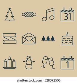 Set Of 12 Happy New Year Icons. Can Be Used For Web, Mobile, UI And Infographic Design. Includes Elements Such As Date, Winter, Crotchets And More.