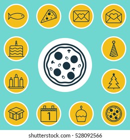 Set Of 12 Happy New Year Icons. Can Be Used For Web, Mobile, UI And Infographic Design. Includes Elements Such As Fishing, Birthday Hat, Decorated Tree And More.