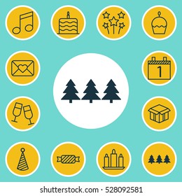 Set Of 12 Happy New Year Icons. Can Be Used For Web, Mobile, UI And Infographic Design. Includes Elements Such As Festive Fireworks, Sweet, Open Cardboard And More.